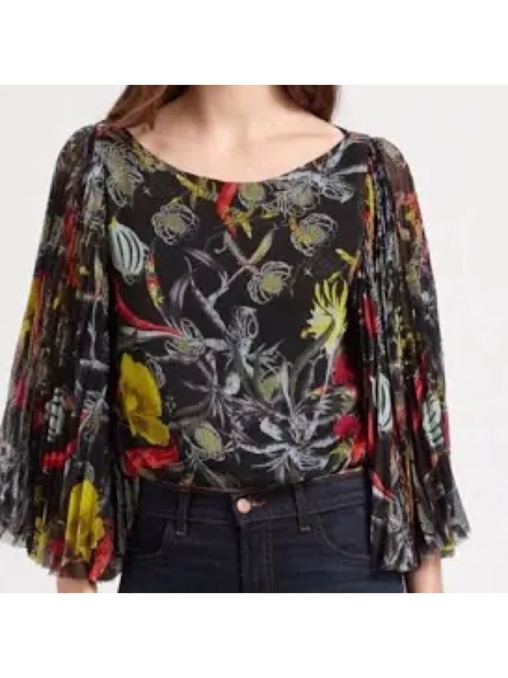 Alice + Olivia Briar Pleated Floral Chiffon Bell Sleeve Top Sz-XS
